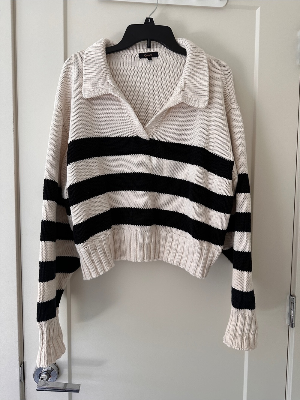 Quince Cotton Cropped Collared Stripe Sweater - Black & Cream
